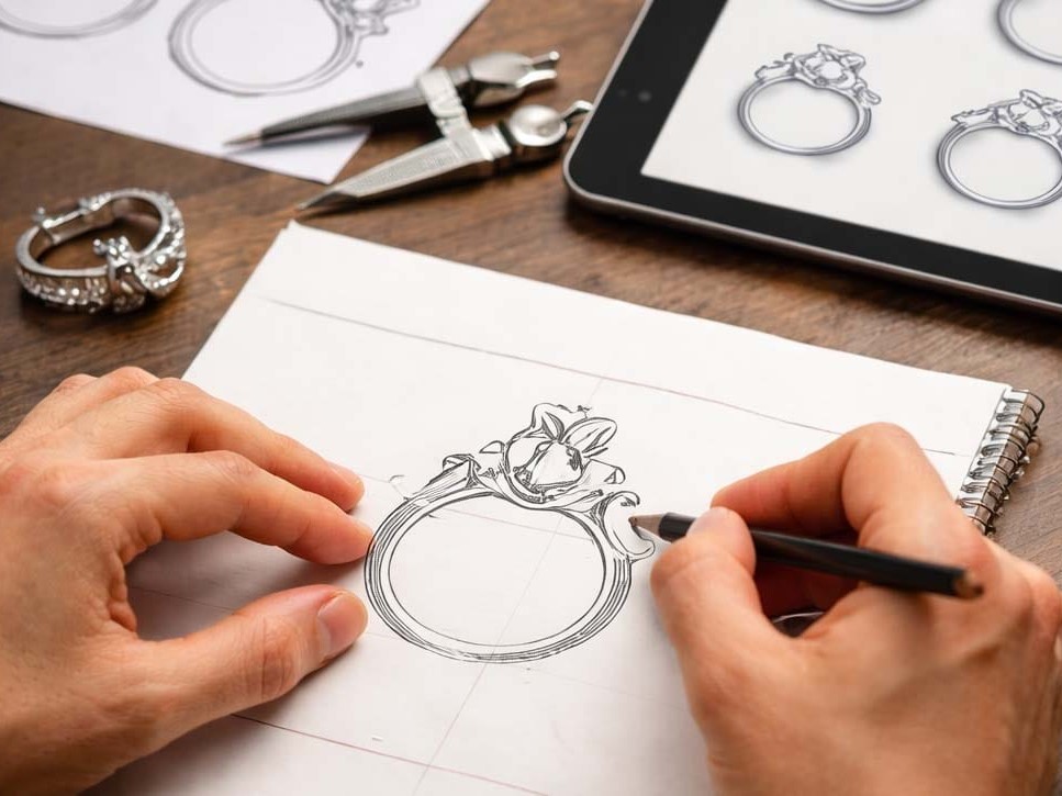 Three bespoke jewellery sketches laid on a design table